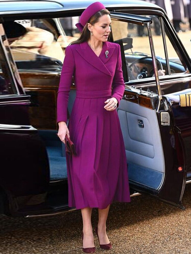 Kate Middleton Purple Coat Style Pleated Dress
