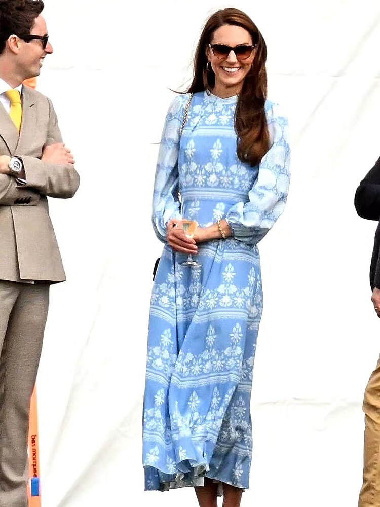 Kate Middleton Cornflower Blue Patterned Floral Midi Dress