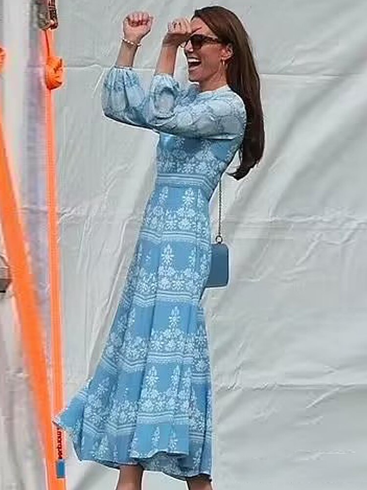 Kate Middleton Cornflower Blue Patterned Floral Midi Dress