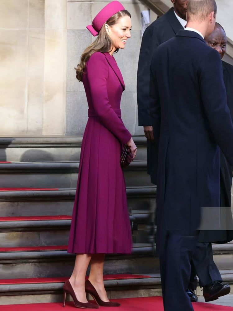 Kate Middleton Purple Coat Style Pleated Dress