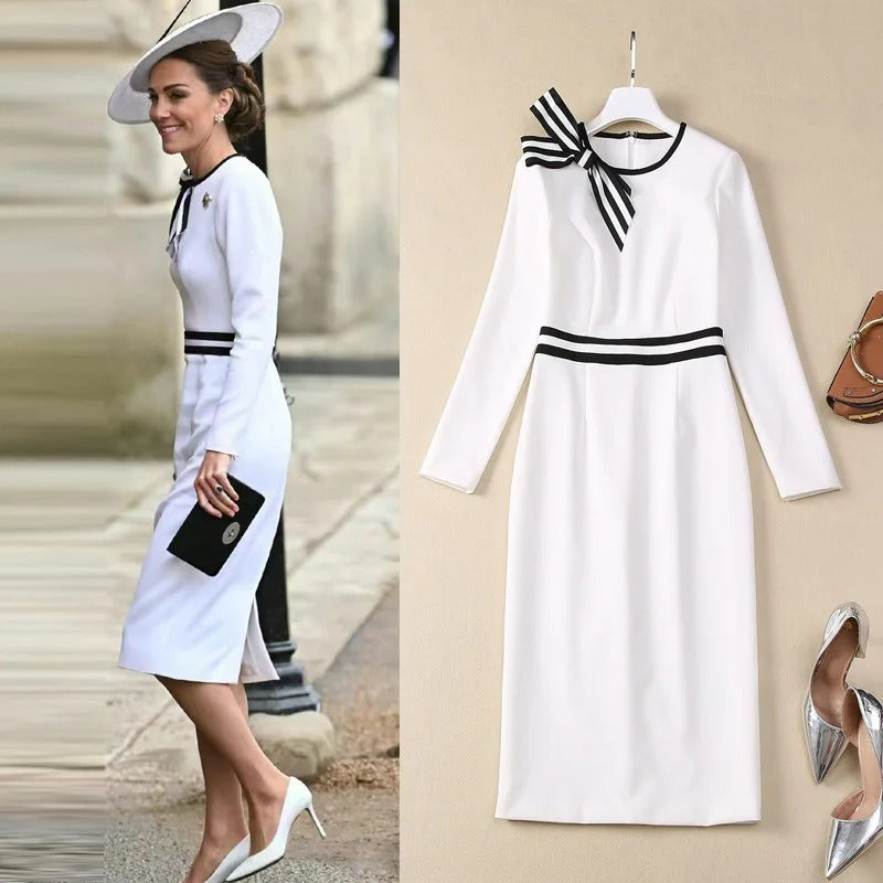 Kate Middleton White Pencil Dress Monochrome Bow