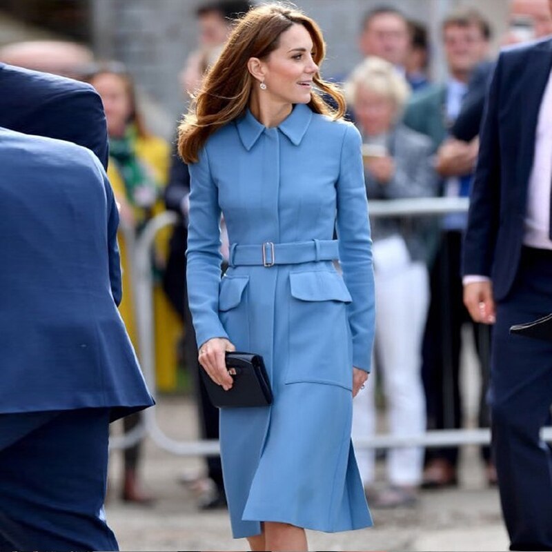 Kate Middleton Long Blue Trench Coat Dress