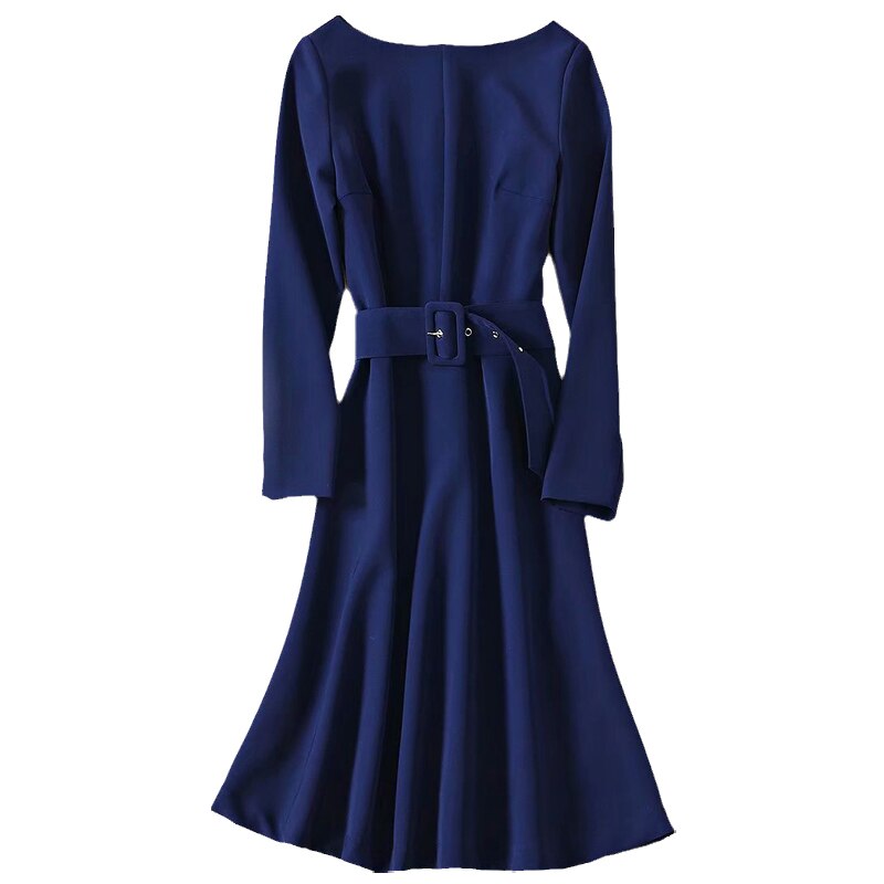 Kate Middleton Blue Belted Fit Flare Autumn Long Sleeve Dress