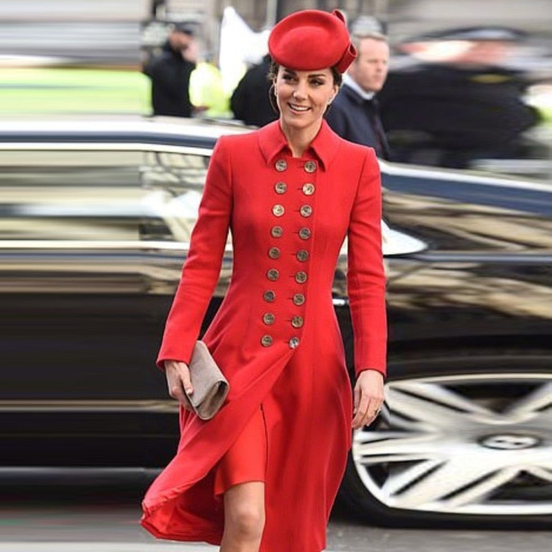 Kate Middleton Military Red Coat Long Gold Button Midi Coat
