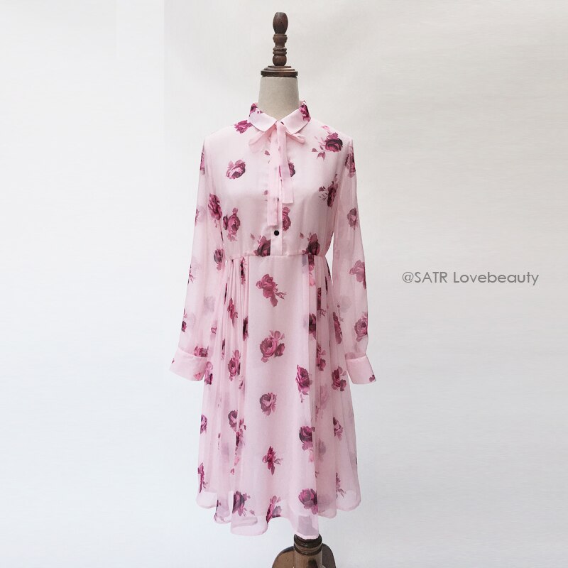 Kate Middleton Pussy Bow Rose Print Floral Chiffon Dress