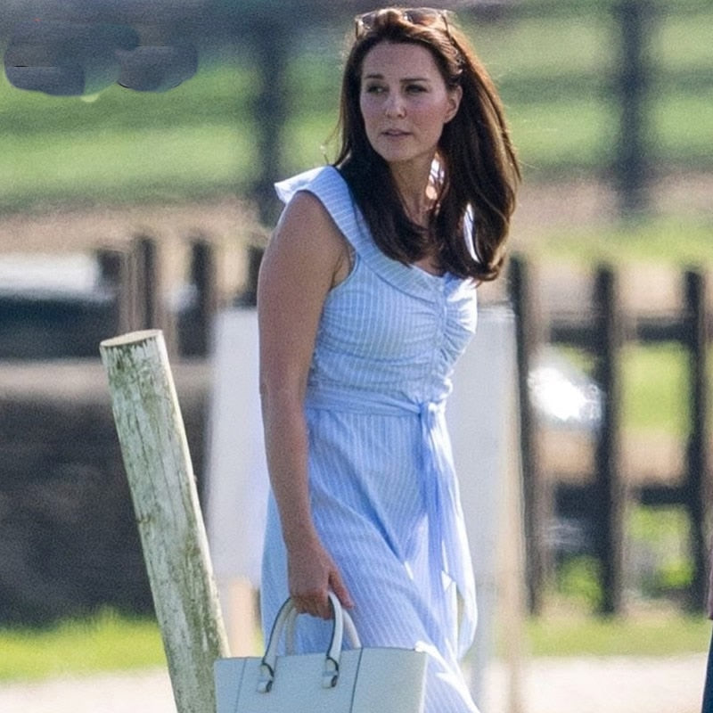 Kate Middleton Blue White Stripe Cotton Summer Midi Dress