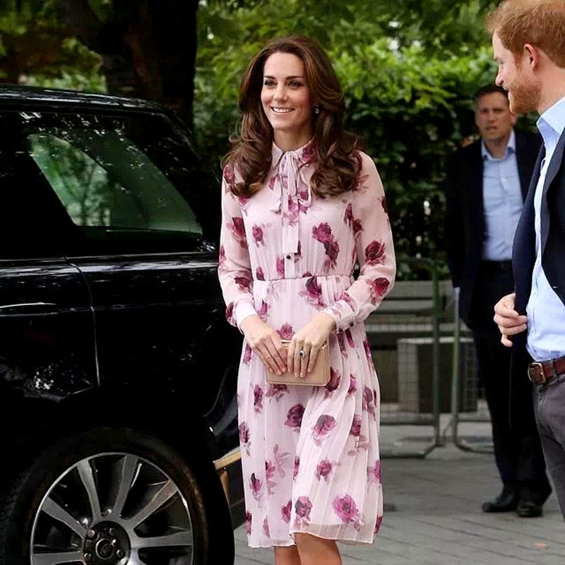 Kate Middleton Pussy Bow Rose Print Floral Chiffon Dress