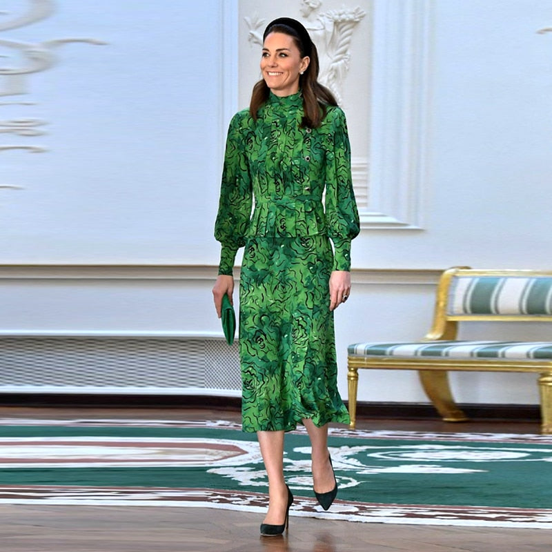 Kate Middleton Emerald Green Pattern Turtleneck Midi Dress