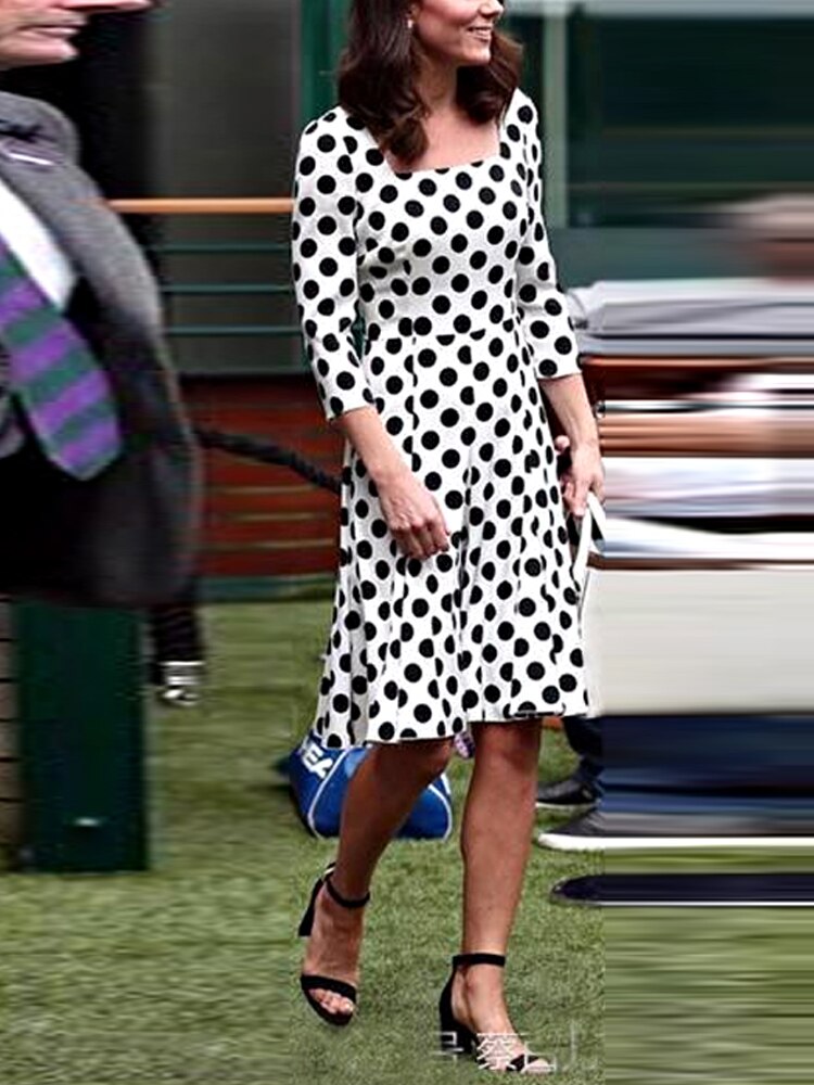 Kate Middleton White Black Polka Dot Square Neck Dress