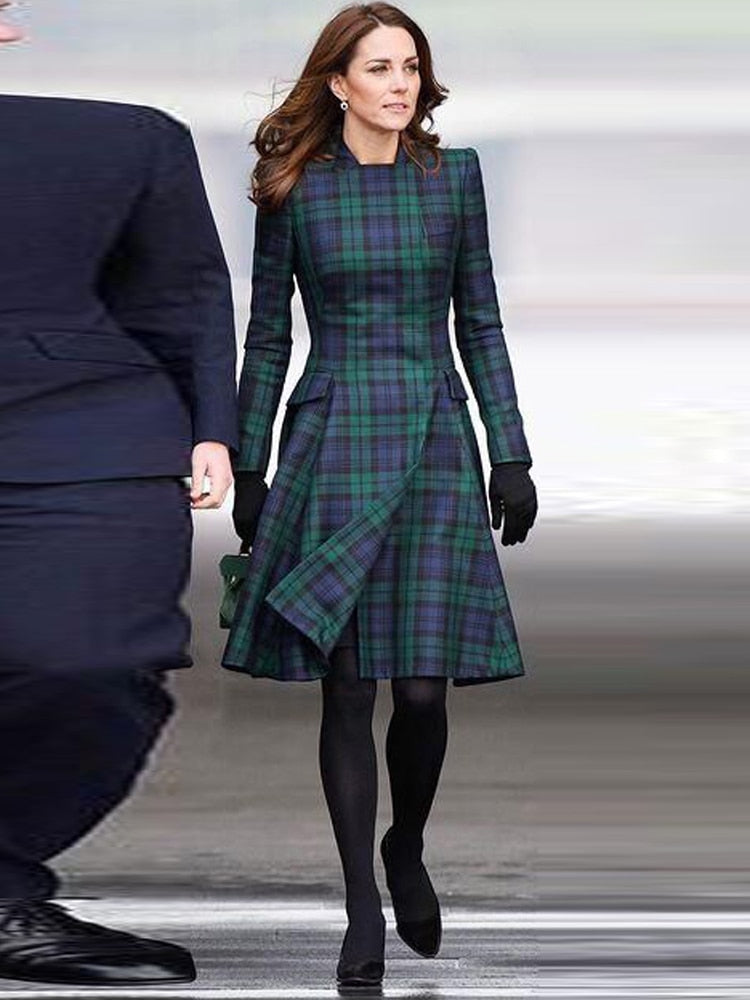Kate Middleton Tartan Fit Flare Dress Blackwatch Navy Blue Green Check Plaid Pattern Dress