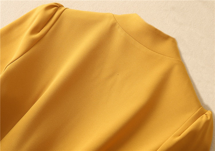 Kate Middleton Yellow Ochre Structured Crepe Pleated Belted Midi Dress