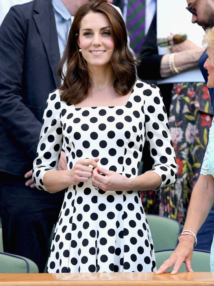 Kate Middleton White Black Polka Dot Square Neck Dress