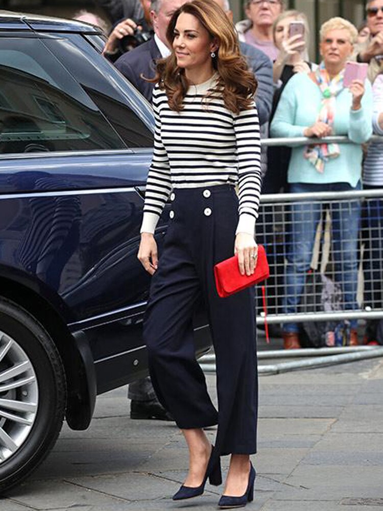 Kate Middleton Sailor Nautical Style Two Piece Striped Sweater Navy Blue Pants Trousers