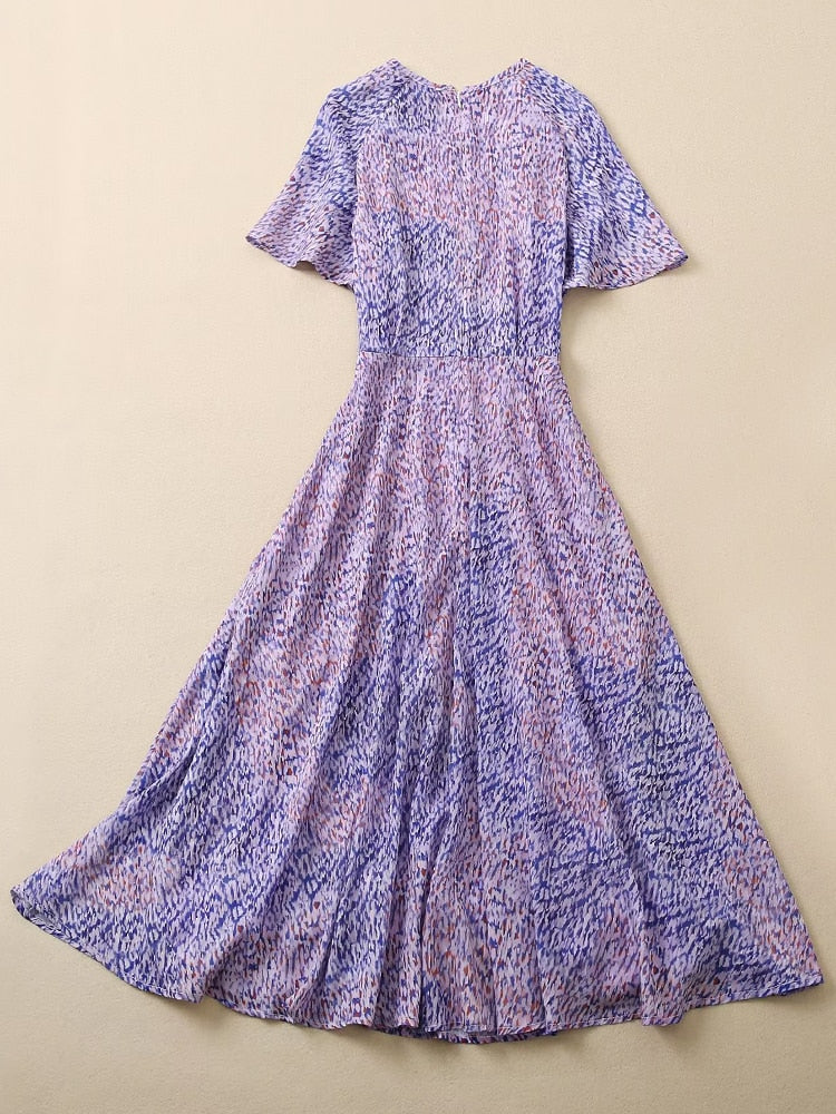 Kate Middleton Chiffon Summer Lavender Blue Print Midi Party Dress