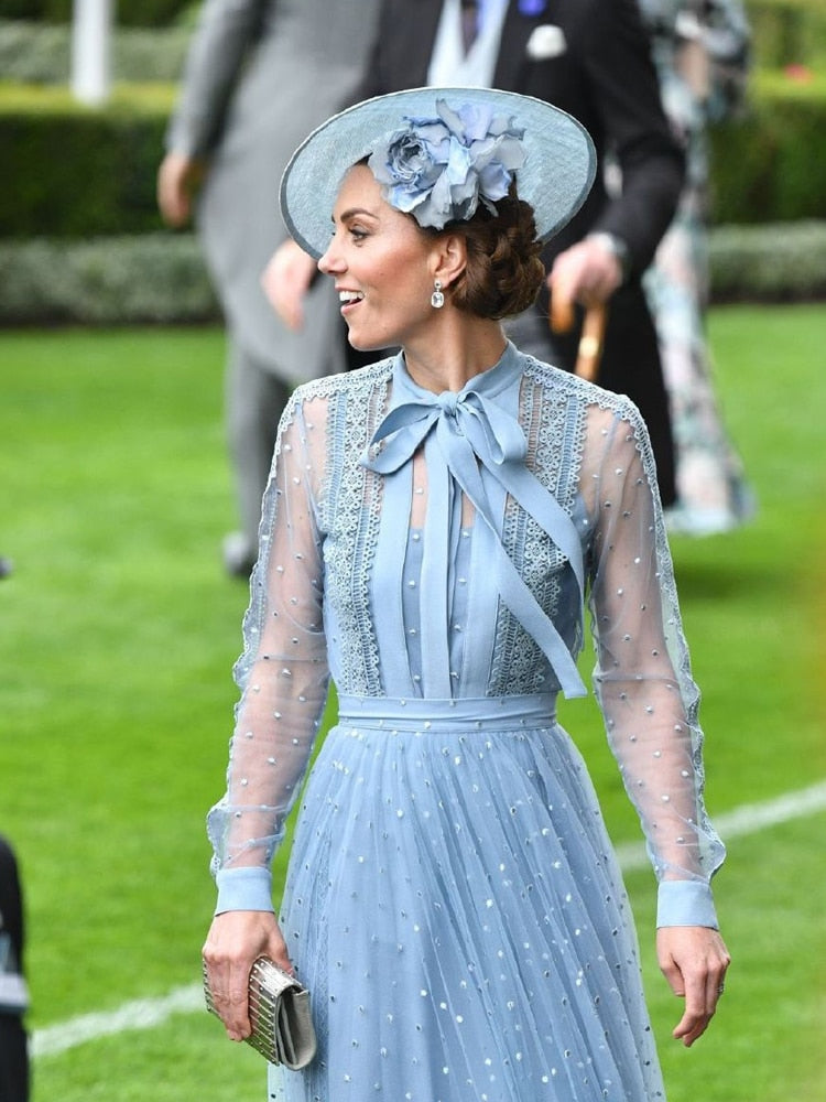 Kate Middleton Light Blue Voile Lace Midi Dress Ascot Wedding Occasion Dress