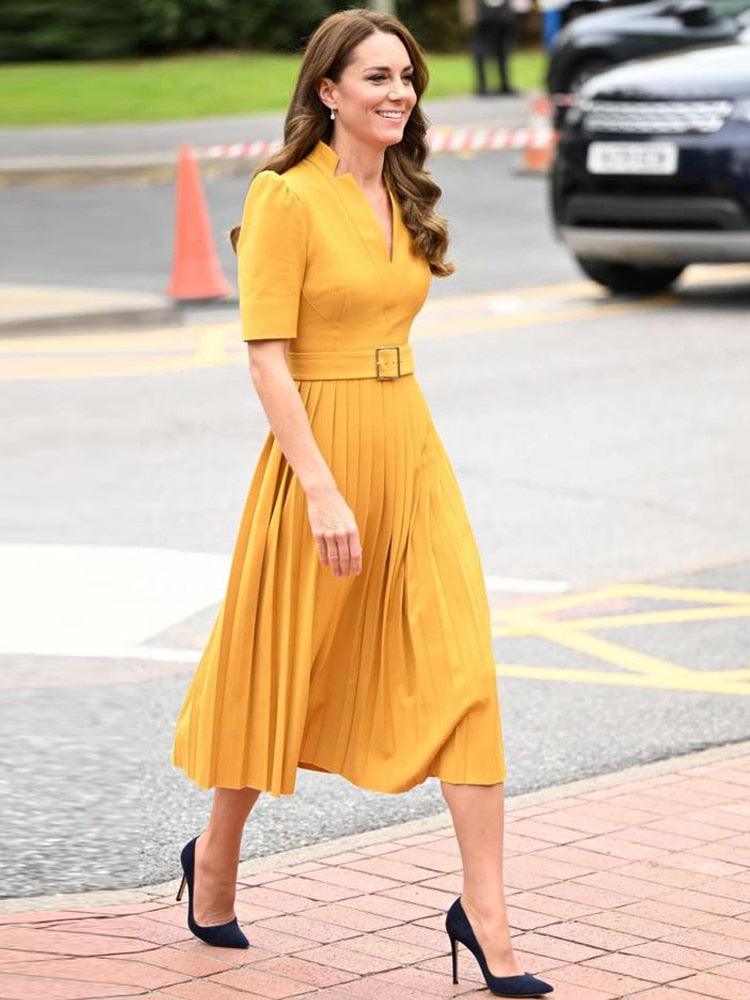 Kate Middleton Yellow Ochre Structured Crepe Pleated Belted Midi Dress