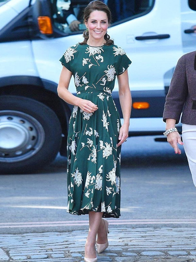 Kate Middleton Dark Green Floral Garden Party Summer Midi Dress