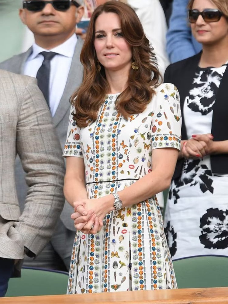 Kate Middleton Jewel Print White Summer Fit Flare Dress