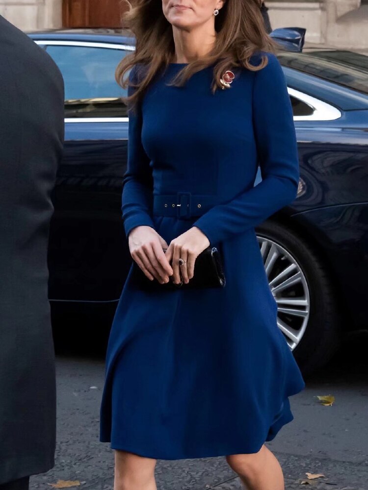 Kate Middleton Blue Belted Fit Flare Autumn Long Sleeve Dress
