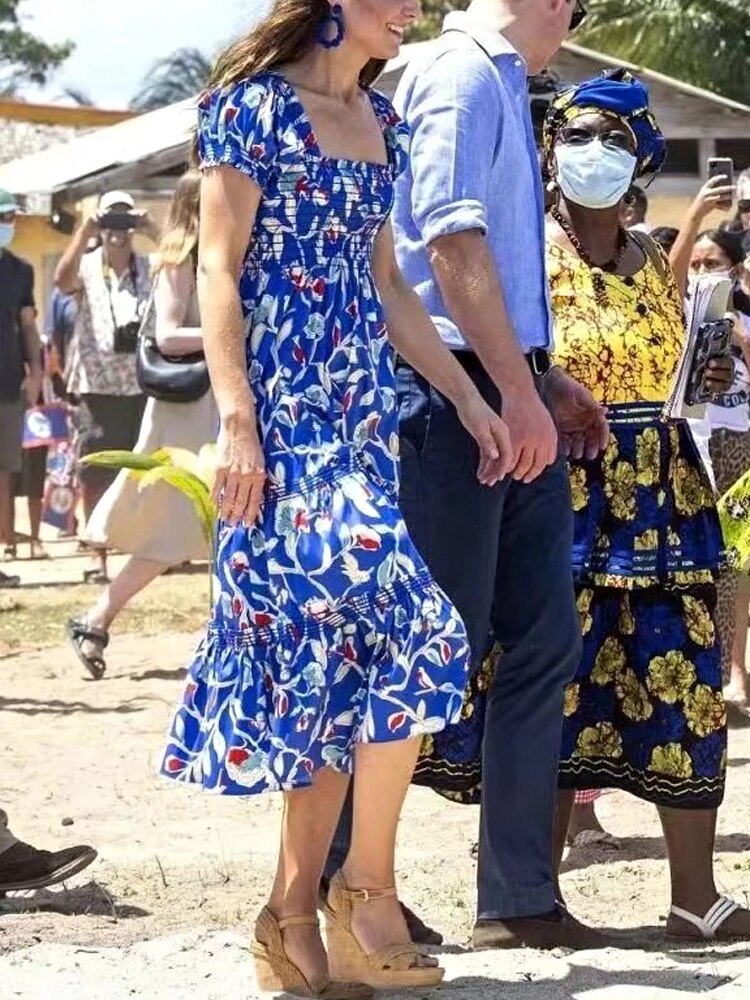 Kate Middleton Belize Bohemium Holiday Dress Painted Roses Blue Floral Midi Smocked Summer Dress