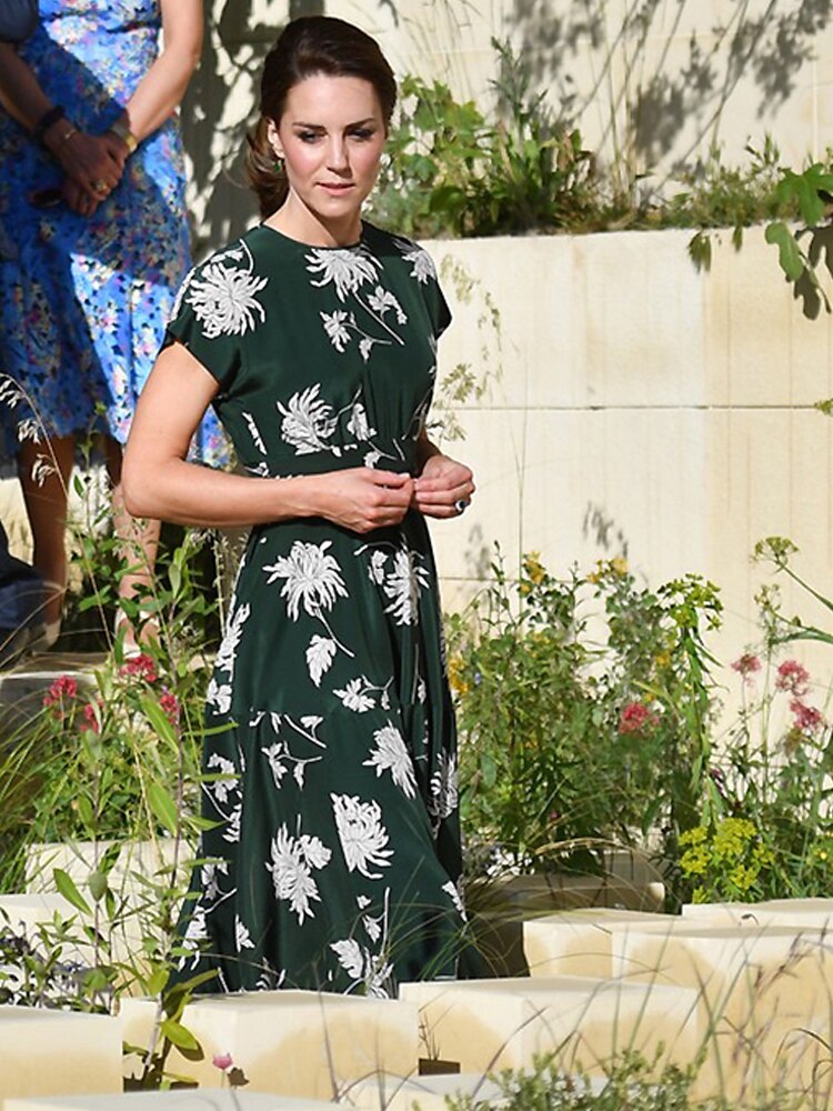 Kate Middleton Dark Green Floral Garden Party Summer Midi Dress
