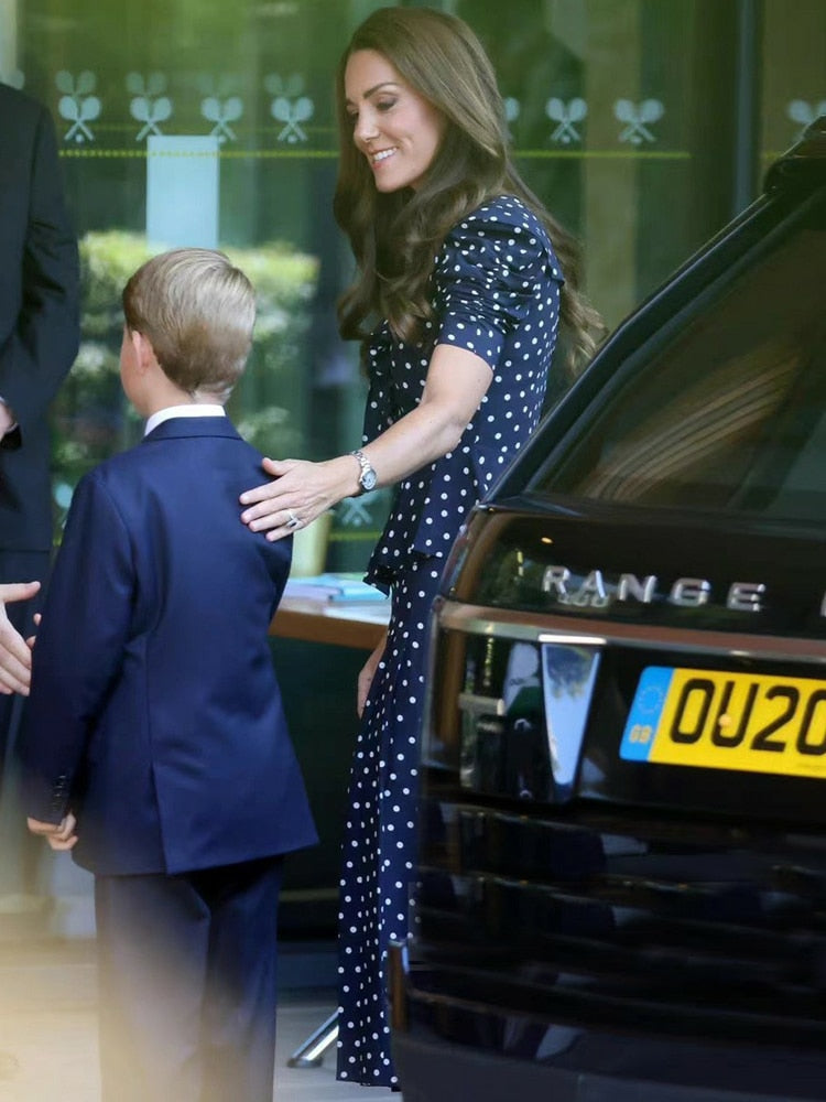Kate Middleton Navy Blue Polka Dot Puff Sleeve V Neck Midi Dress