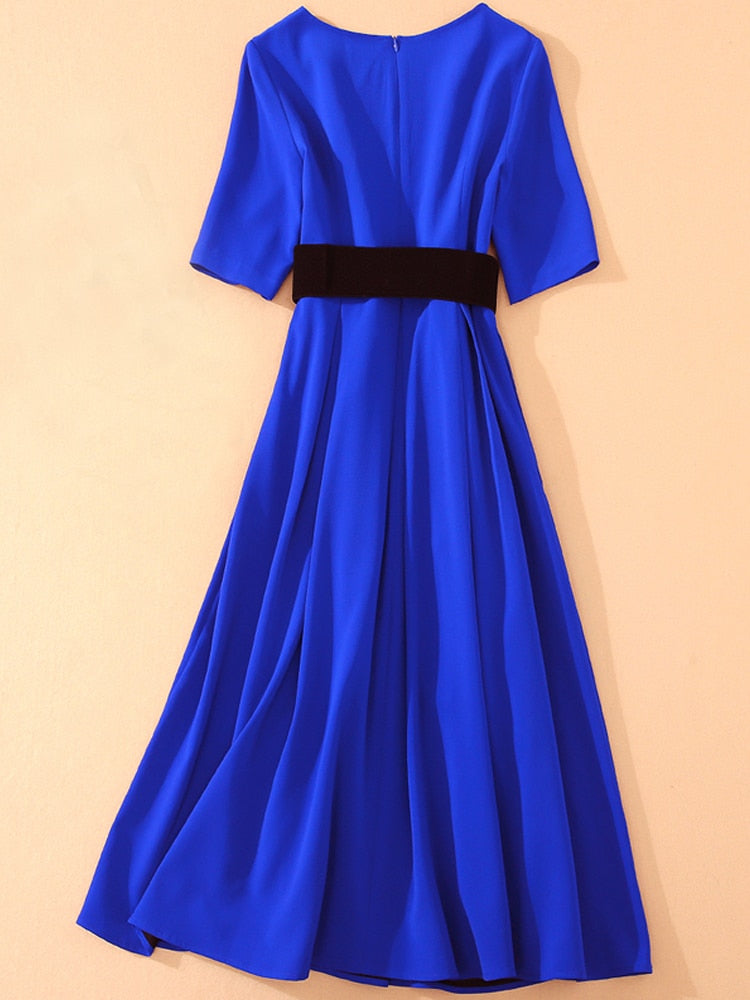 Kate Middleton Royal Blue Short Sleeve Belted Midi Dress