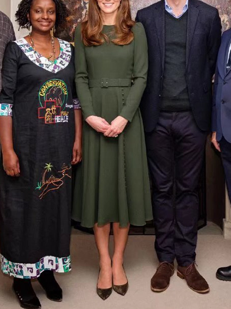 Kate Middleton Dark Forest Green Autumn Winter Fit Flare Long Sleeve Midi Dress