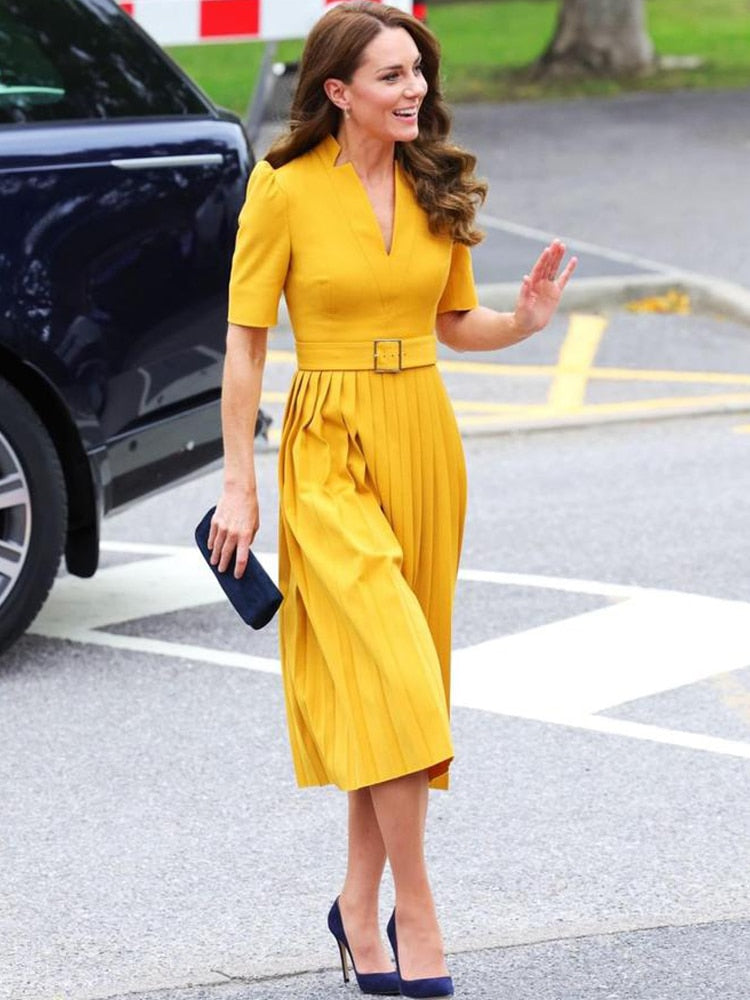 Kate Middleton Yellow Ochre Structured Crepe Pleated Belted Midi Dress