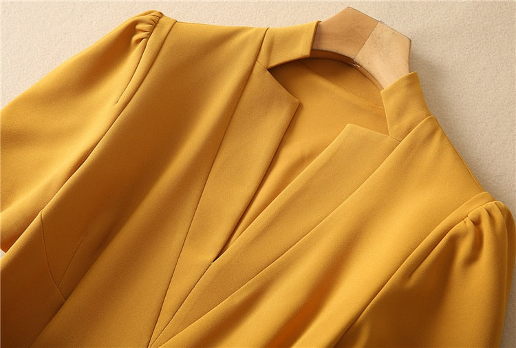 Kate Middleton Yellow Ochre Structured Crepe Pleated Belted Midi Dress