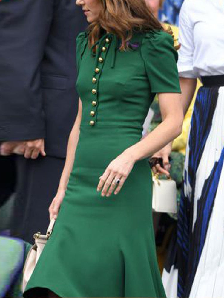 Kate Middleton Emerald Green Gold Button Mermaid Dress