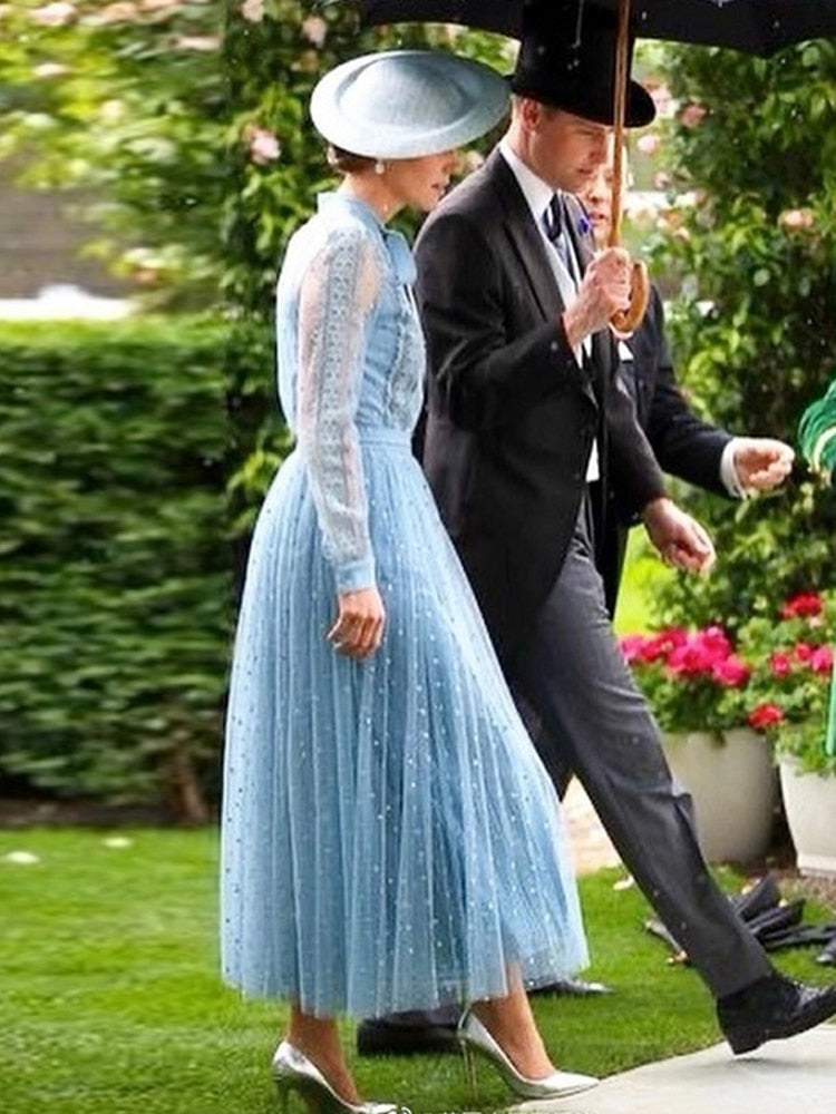 Kate Middleton Light Blue Voile Lace Midi Dress Ascot Wedding Occasion Dress
