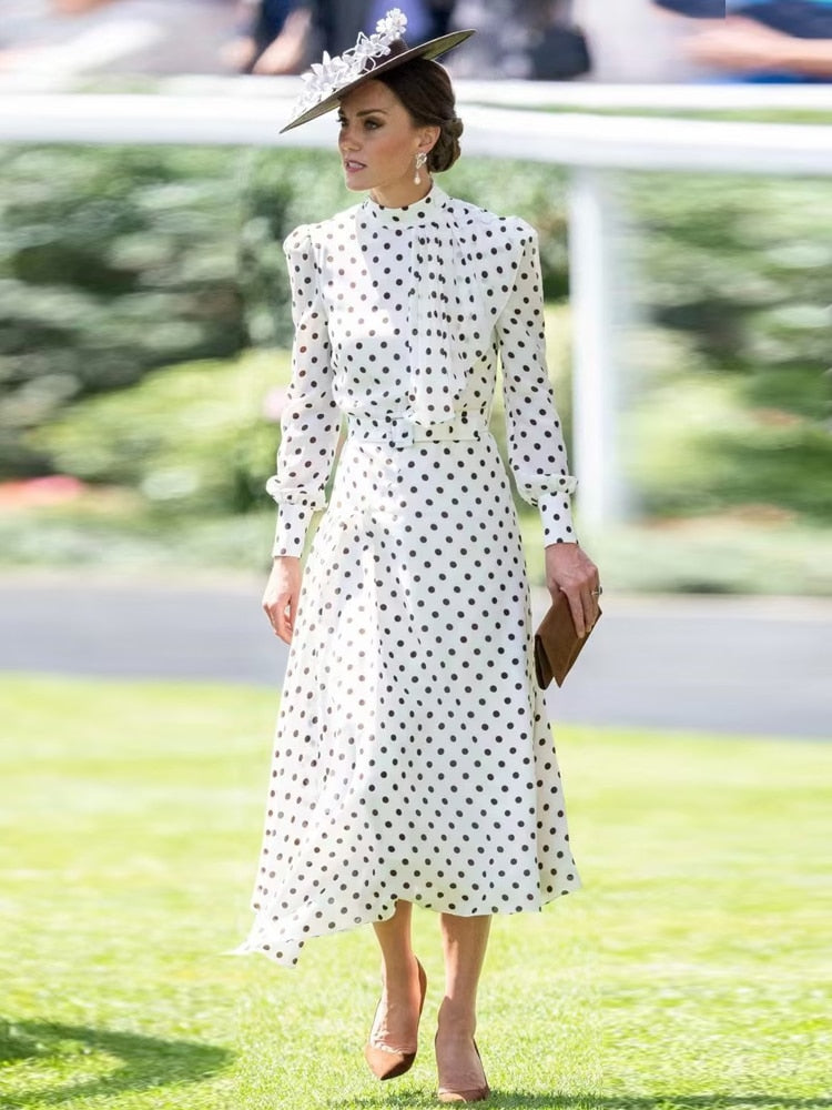 Kate Middleton White Polka Dot Midi Dress Royal Ascot Dress
