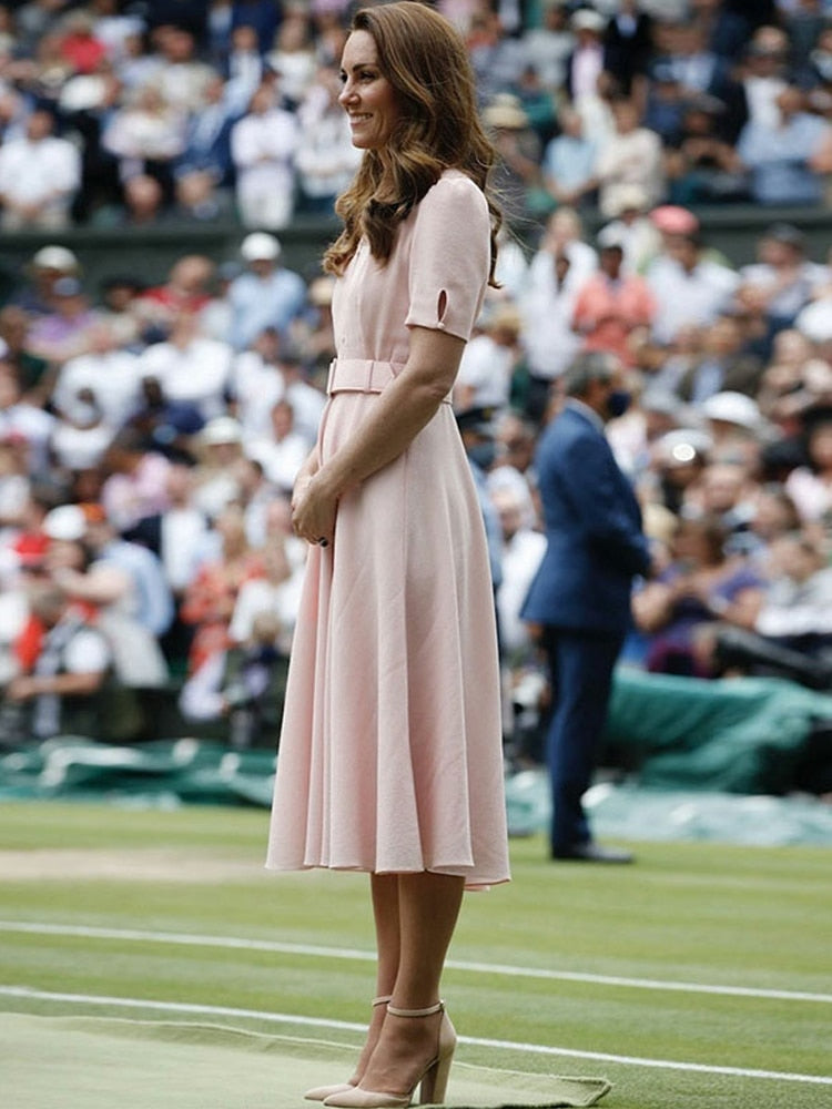 Kate Middleton Pale Pink Midi Fit Flare Belted Dress Wimbledon Occasion Dress
