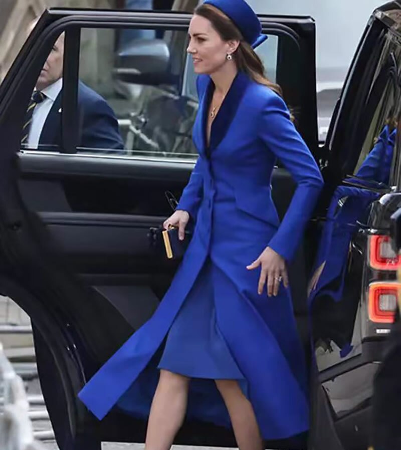 Kate Middleton Royal Blue Velvet Coat Dress Occasion Coat