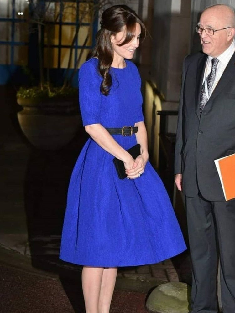 Kate Middleton Royal Blue Short Sleeve Belted Midi Dress