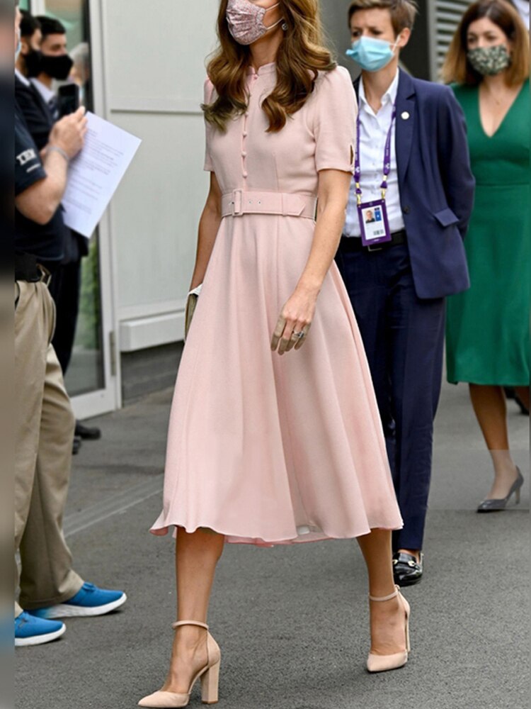 Kate Middleton Pale Pink Midi Fit Flare Belted Dress Wimbledon Occasion Dress