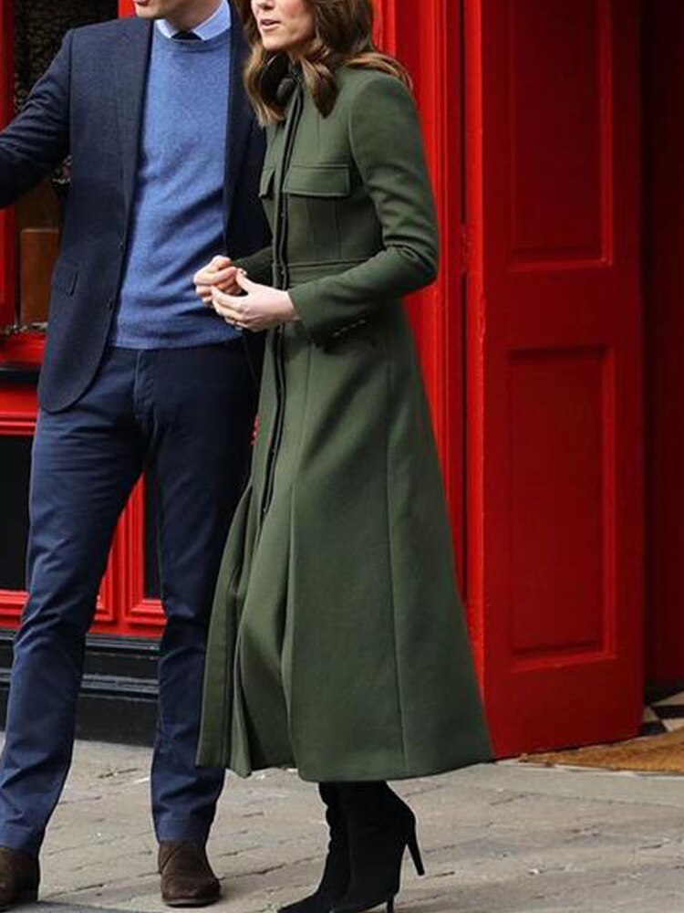 Kate Middleton Forest Green Military Style Midi Trench Coat Dress