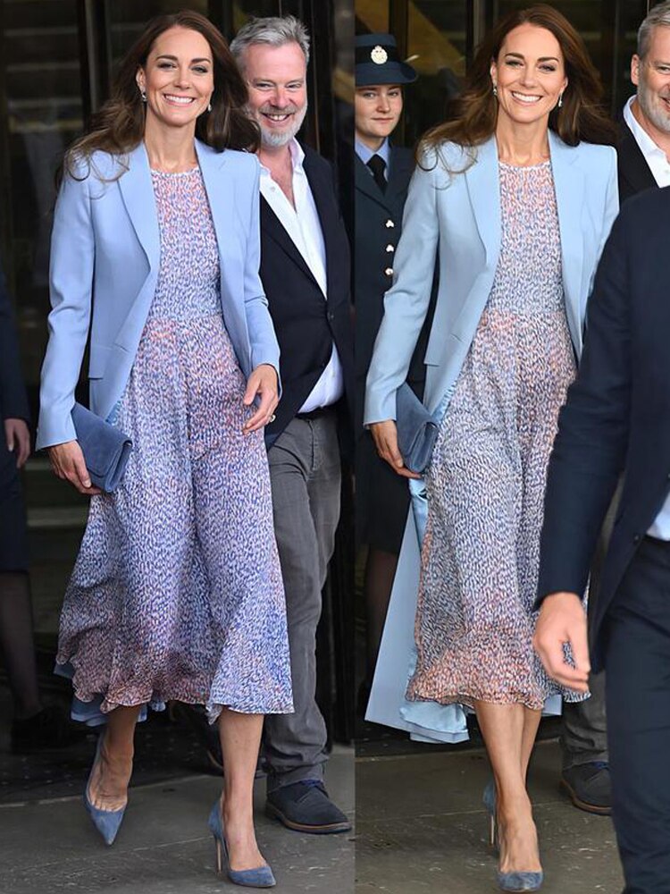 Kate Middleton Chiffon Summer Lavender Blue Print Midi Party Dress