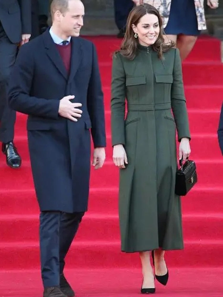 Kate Middleton Forest Green Military Style Midi Trench Coat Dress