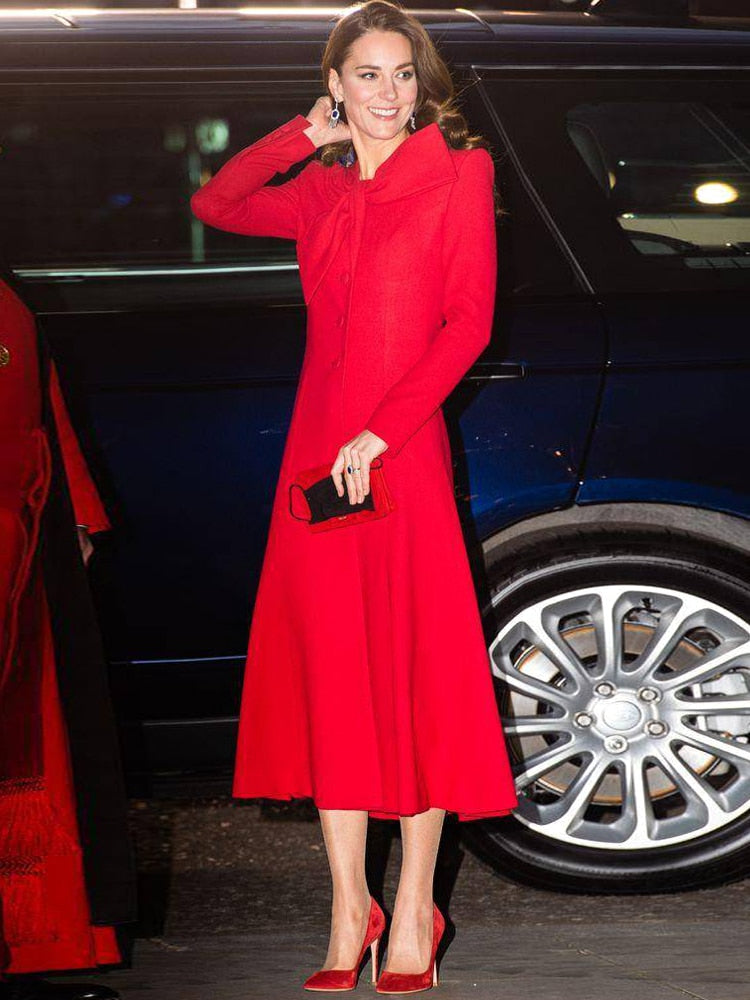 Kate Middleton Red Bow Neck Midi Long Red Coat Dress