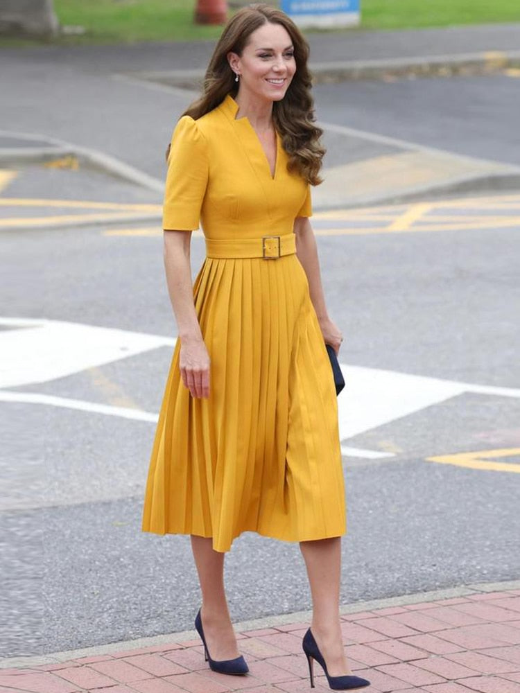 Kate Middleton Yellow Ochre Structured Crepe Pleated Belted Midi Dress