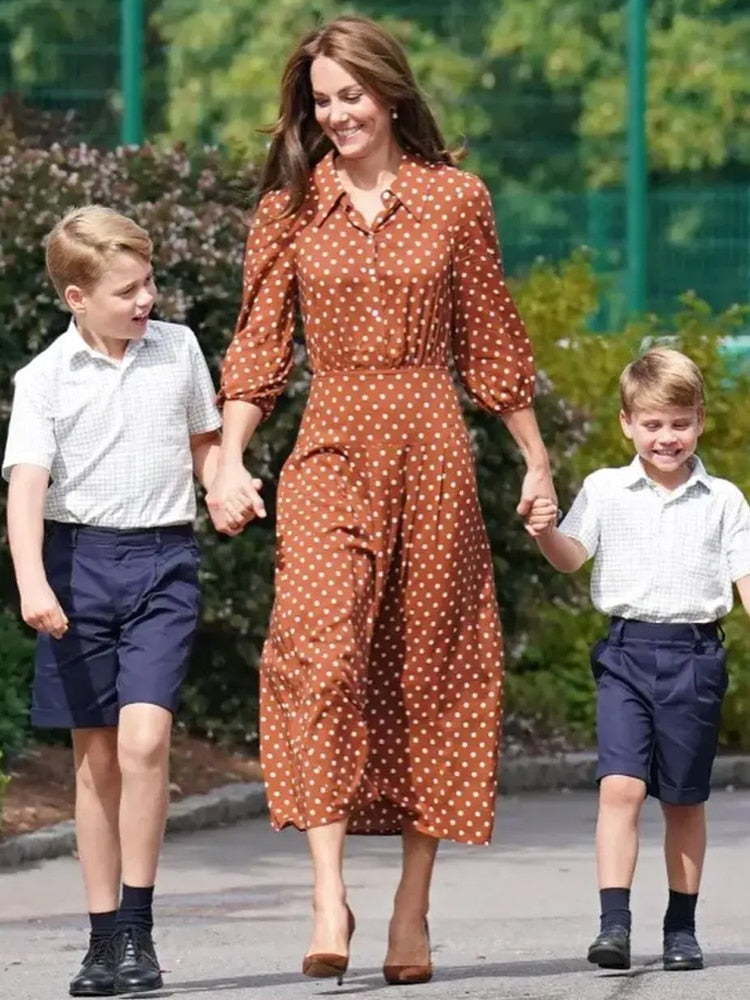 Kate Middleton Brown Polka Dot Shirt Midi Dress