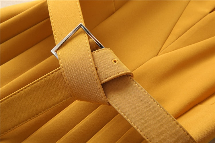 Kate Middleton Yellow Ochre Structured Crepe Pleated Belted Midi Dress