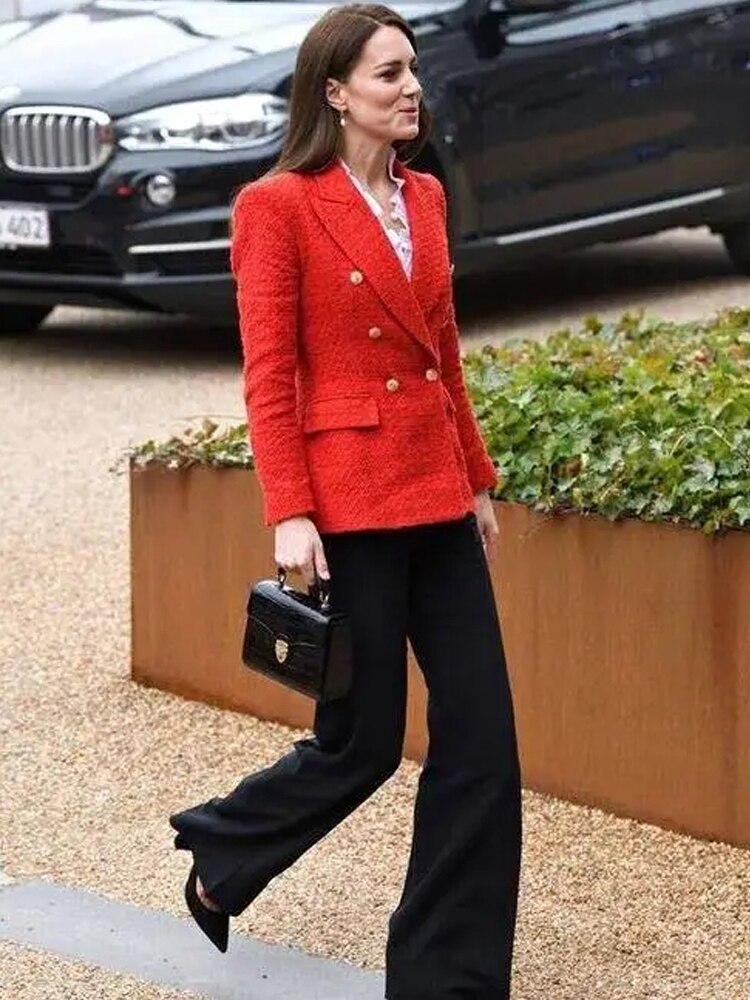 Kate Middleton Red Military Gold Button Tweed Blazer Jacket
