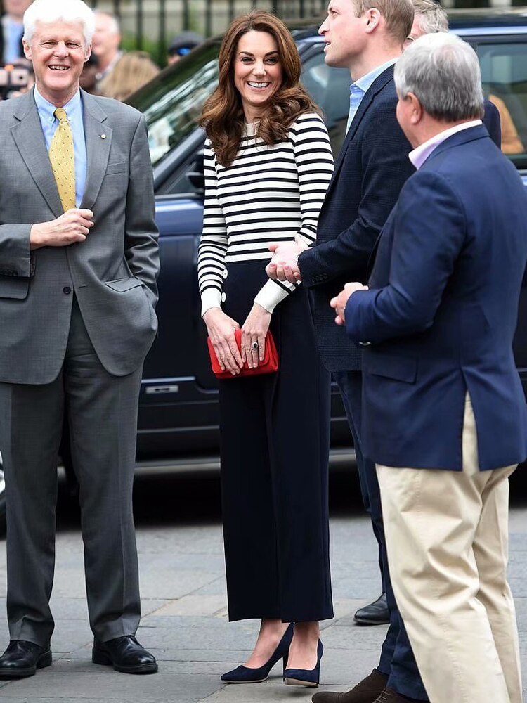 Kate Middleton Sailor Nautical Style Two Piece Striped Sweater Navy Blue Pants Trousers