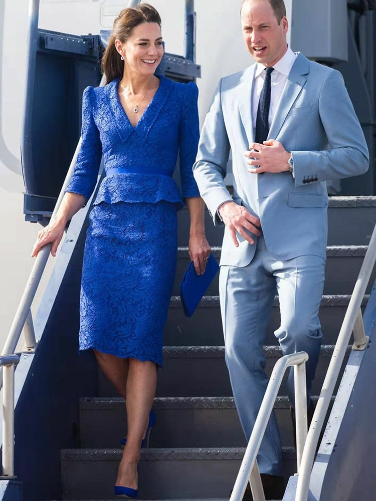 Kate Middleton Royal Blue Lace Peplum Pencil Dress V Neck Dress The Royal Tour