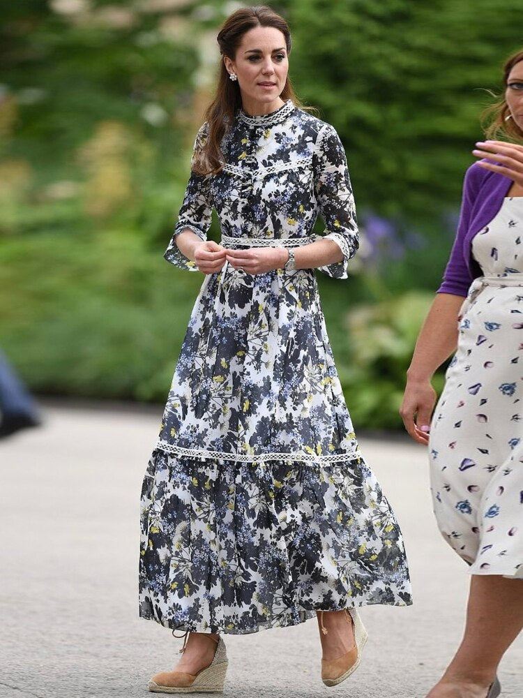 Kate Middleton Floral Maxi Dress Spring Summer Bohemian Garden Party Midi Dress