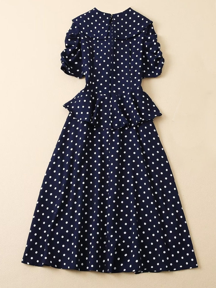 Kate Middleton Navy Blue Polka Dot Puff Sleeve V Neck Midi Dress