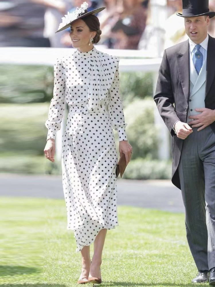 Kate Middleton White Polka Dot Midi Dress Royal Ascot Dress